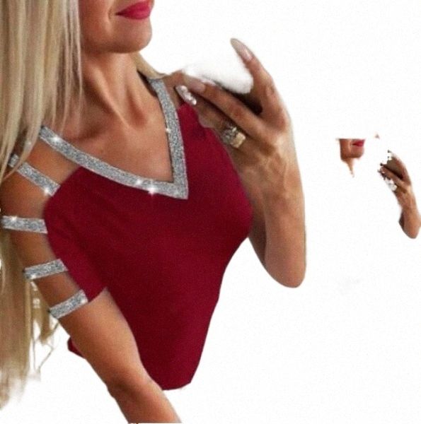 

women's t-shirt summer women elegant short sleeve leisure female basic shirt glitter ladder cutout casual blouse o6lr#, White