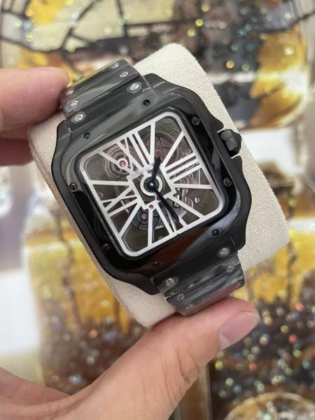 

wholesale hig h quality skeleton watches for quartz movement sapphire glass black stainless steel strap, Slivery;brown