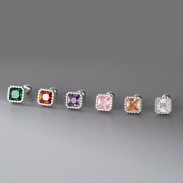 

925 sterling silver square stud earrings for women colorful cz zircon earring screw back, Golden;silver