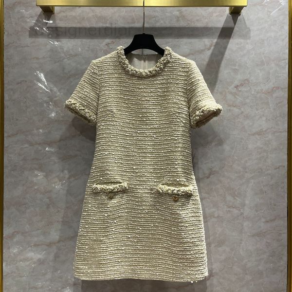 

casual dresses designer french wool tweed short sleeved dress gold thread ribbon celebrity small fragrance temperament party a-line skirt, Black;gray