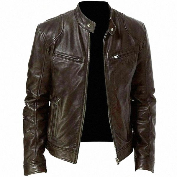 

winter warm black&brown leather jacket fashion men slim fit biker motorcycle stand collar slim zip jacket e0aq#