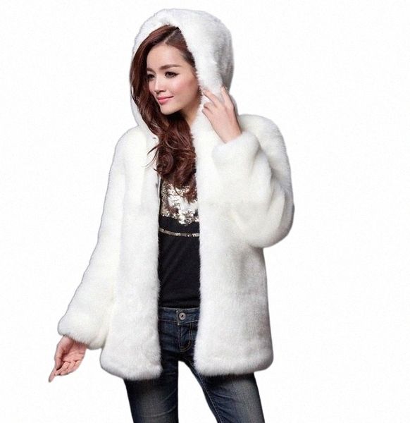 

women's fur & faux coat winter solid color hooded casual imitation round neck warm loose w9xy#, Black
