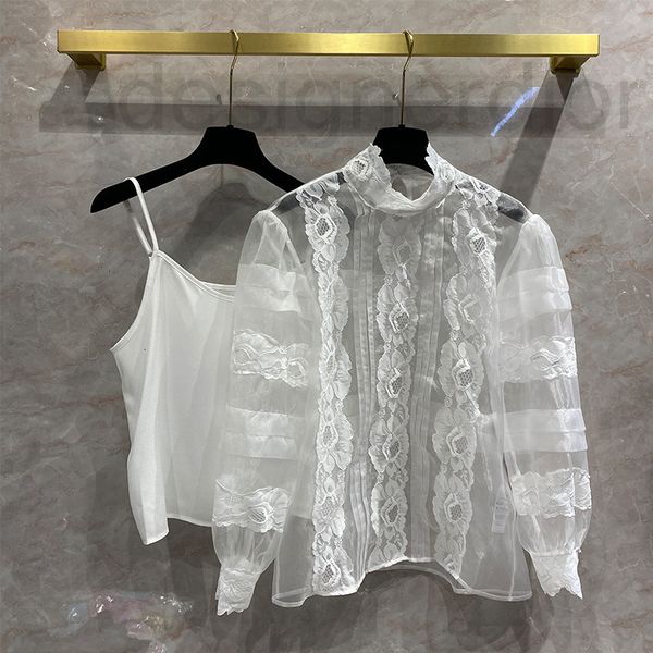 

women's vests designer embroidered edge stand collar organza lace hook mesh shirt for women spring summer 2022 new style lantern sleeve, Black;white
