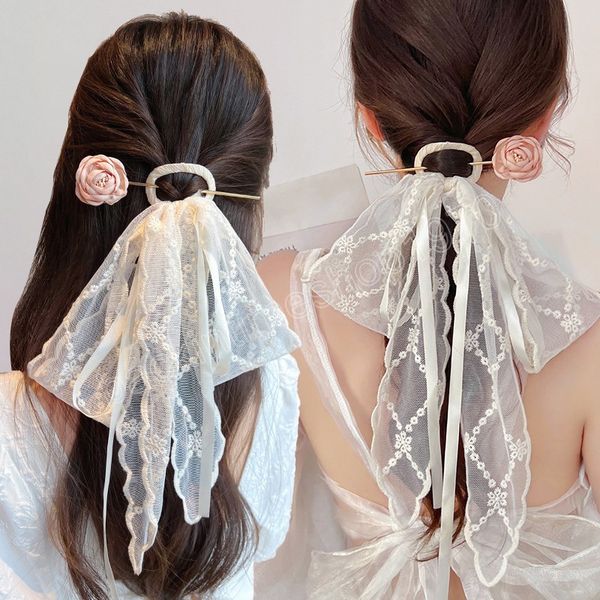 

fashion lace ribbon hair sticks women elegant artificial rose hairpins with embroidery organza ribbon headdress hair accessories, Slivery;white