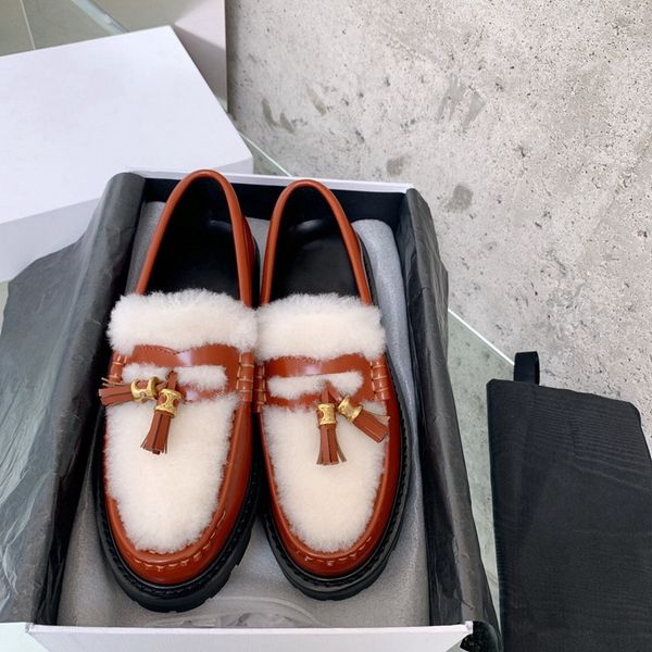 

nude shoe designer womens leather loafers splicing loafer margaret wool fringed shoes fur muller with tassel fashion women dress ladies casu, Black