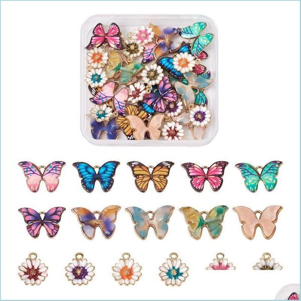 

charms charms 32pcs/box mixed resin butterfly flower alloy enamel drop pendants diy charm necklace earrings jewelry making accessorie dh8lk, Bronze;silver