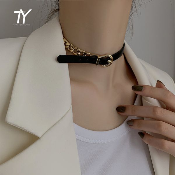

two way gold colour black leather stitched chokers necklace for woman korean fashion jewelry neo goth girl's clavicle chain, Silver