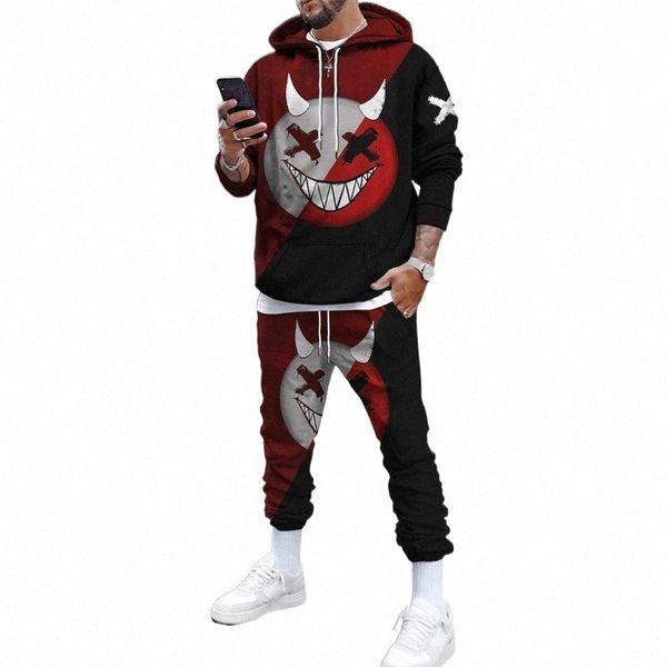 

men's tracksuits casual sweater suits autumn winter personality printing pullover trousers 2-piece set slim-fit fleece jogging sports s, Gray