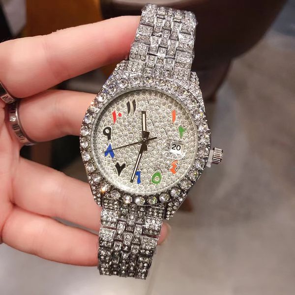 

new full diamond boutique men's watch quartz movement with calendar 43mm, Slivery;brown