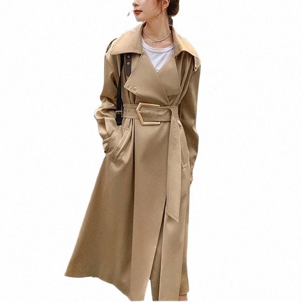

women's trench coats long windbreaker spring autumn ladies cloak khaki wear a belt satin fabric high-end cotton lined coat v155#, Tan;black