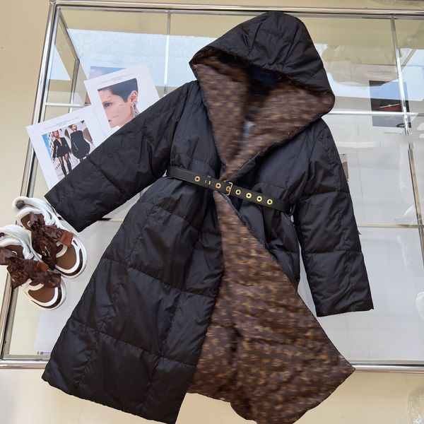 

designer 2022 winter women keep warm down hooded coat with belt fashion solid color long overcoat thick jacket, Black