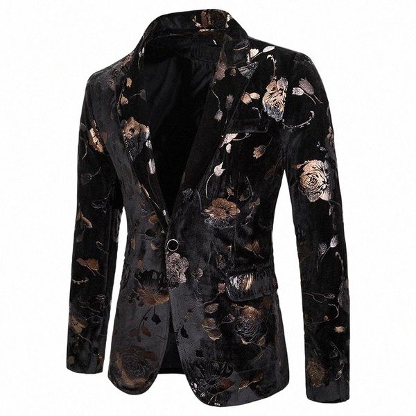 

mens hipster black gold rose floral bronzing blazer jacket nightclub men suit jacket wedding stage singer prom slim fit blazers l3qw#, White;black