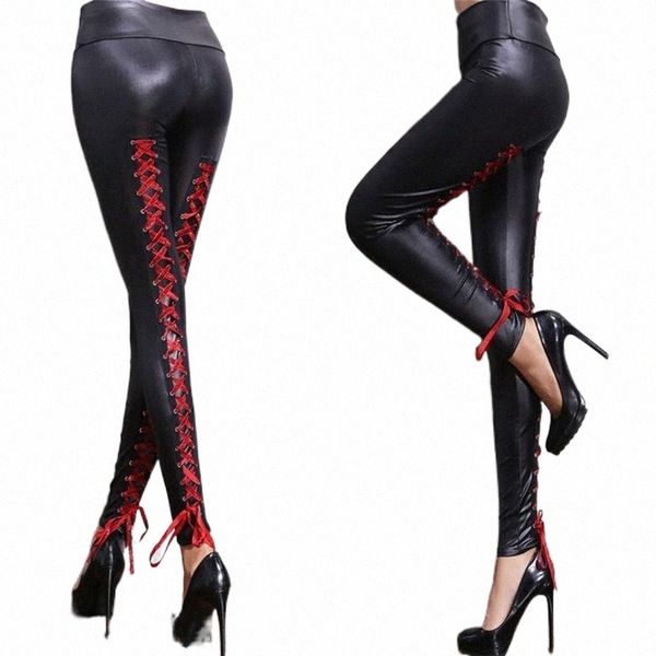 

women's pants & capris fashion back hollowed out lace-up women high waist faux leather pencil leggings stretchy bandage j4kc#, Black;white