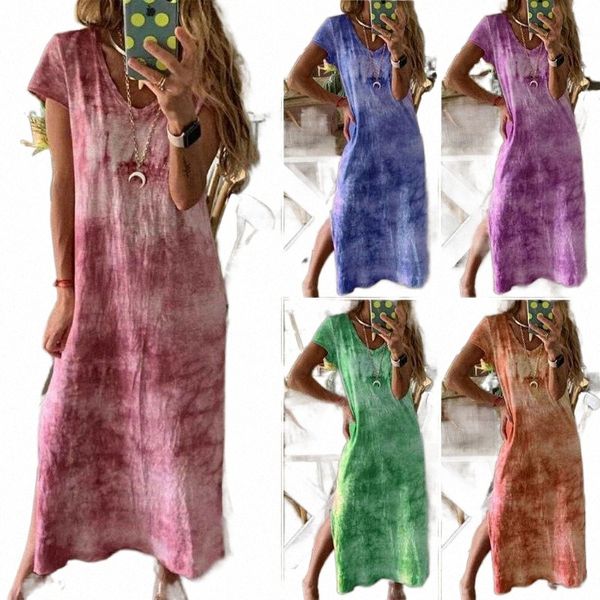 

fashion new beach style womens tie dyeing print ethnic boho cotton linen v neck short sleeve side split maxi dress plus size xxl q3fn#, Black;gray