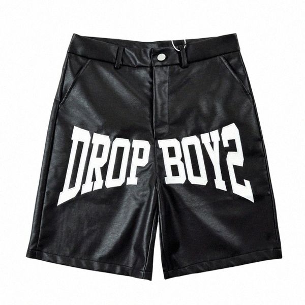 

men's shorts streetwear men black embroidered letter pu leather high street style straight five-point pants dark hip-hop pantsmen', White;black