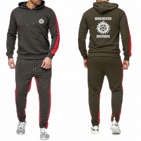 

men's tracksuits supernatural hoodies men winchester bros printed mens sweatshirt cotton casual streetwear fashion pants suit 2pcs 95hm, Gray