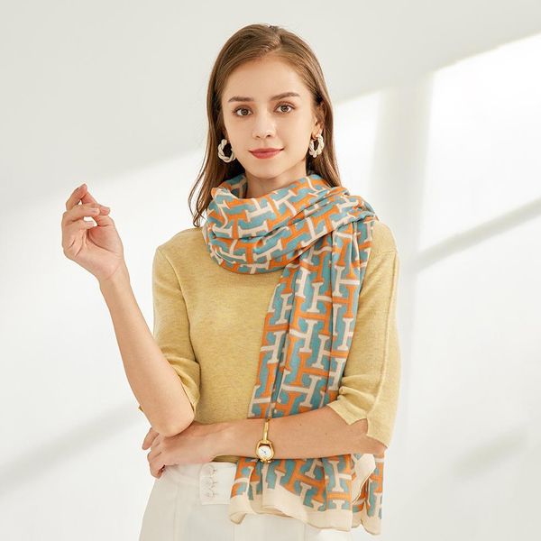 

east gate popular h-letter cotton and hemp scarf fashion decoration shawl warm in autumn and winter, Blue;gray