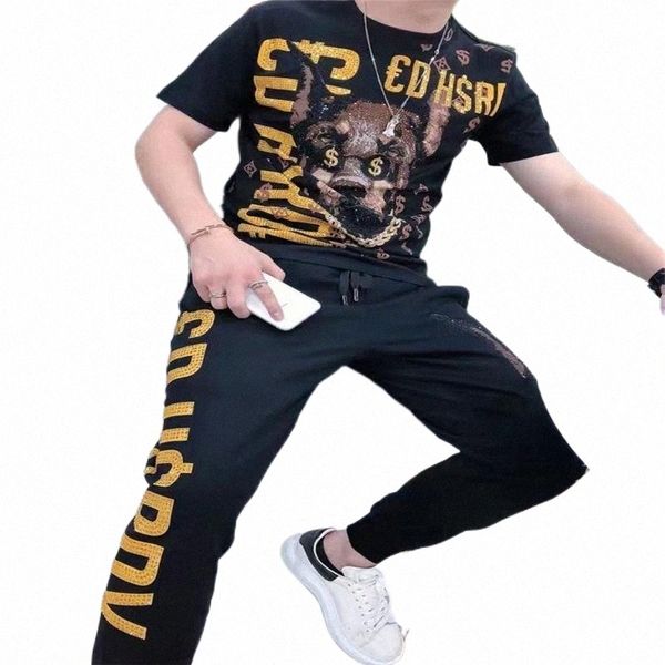 

men's tracksuits fashion sportswear drilling slim design leisure 2-piece 41fh#, Gray