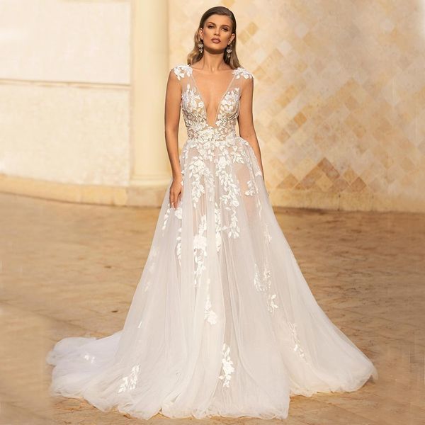 

stylish lace wedding dresses appliqued beach bridal gowns deep v neck a line sweep train tulle robe de mariee, White