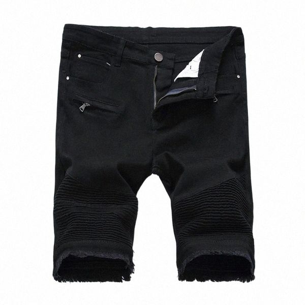 

denim shorts men jeans summer stretch slim fit short jeans mens designer cotton casual distressed black jean knee length shorts 83kr#, Blue