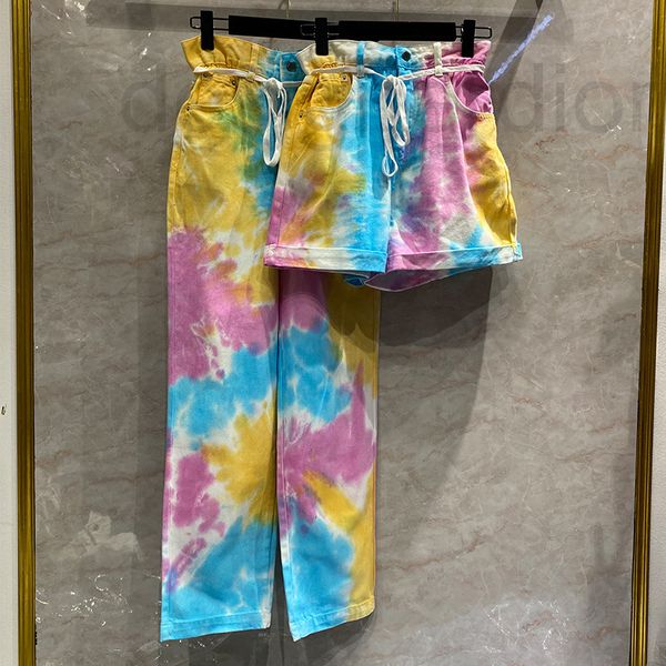 

women's jeans designer flower bud waist color tie dye denim shorts trousers for female 2022 spring summer new style watercolor oil pain, Blue