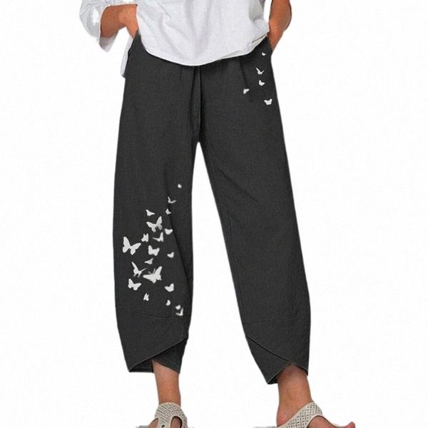 

women's pants & capris women casual harem cotton linen wide leg trousers print summer elastic waist plus size loose comfortable z63a#, Black;white