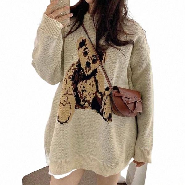 

women's sweaters korean knitted pullover autumn winter age reduction cartoon bear loose lazy wind medium long sweater female o2fd#, White;black