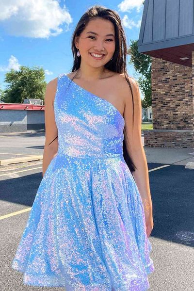 

sky blue sequined lace homecoming dresses one shoulder short prom gowns dress, Blue;pink