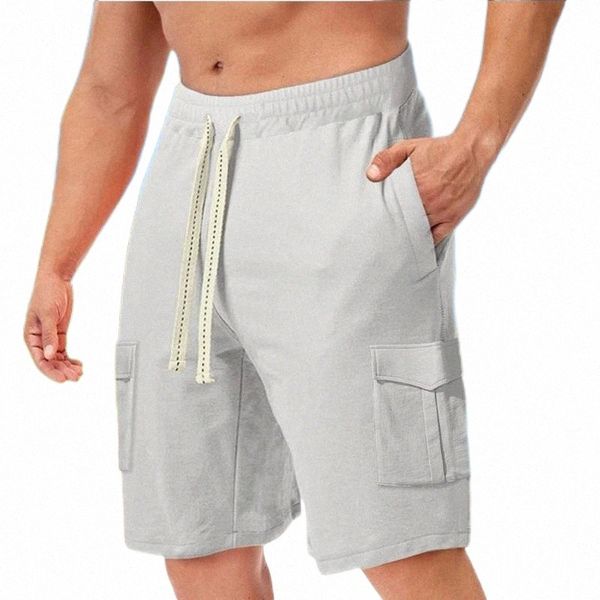 

men's shorts summer men drawstring solid color multi pockets male lace-up knee length pants cargo for jogging streetwearmen's n0fi, White;black