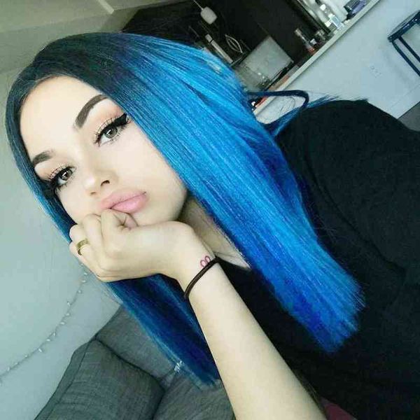 

synthetic wigs dyed wig women's gradual change medium long hair chemical fiber straight hair cover 220917, Black