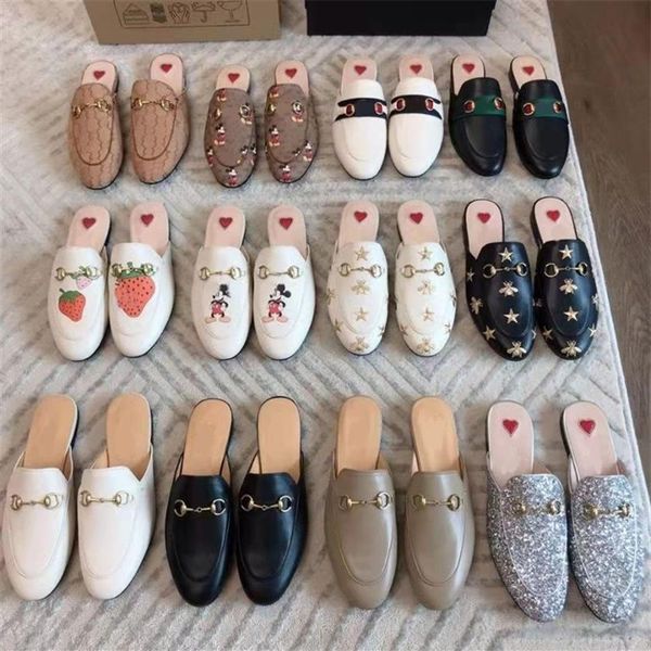 

designer princetown slippers genuine leather mules women loafers metal chain casual shoe lace velvet slipper with box281v, Black
