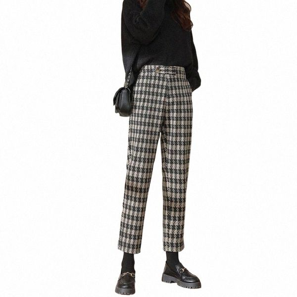 

women's pants & capris houndstooth woolen girl autumn and winter clothes 2021 junior high school students loose straight harem trousers, Black;white