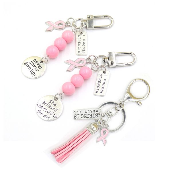 

wholesale breast cancer awareness key chains keyring strong is beautiful she believed never give up charms keychain jewelry gifts, Slivery;golden