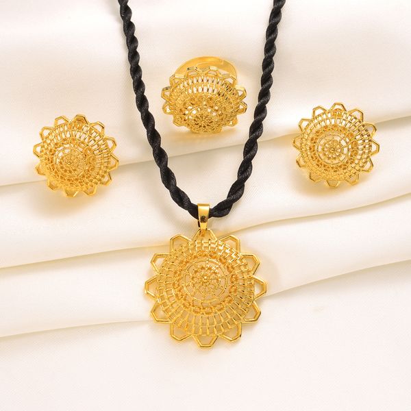 

3pcs/lot 18k fine gold colour african earrings ring pendant headchain dubai jewelry set for women ethiopian bridal wedding gifts, Silver