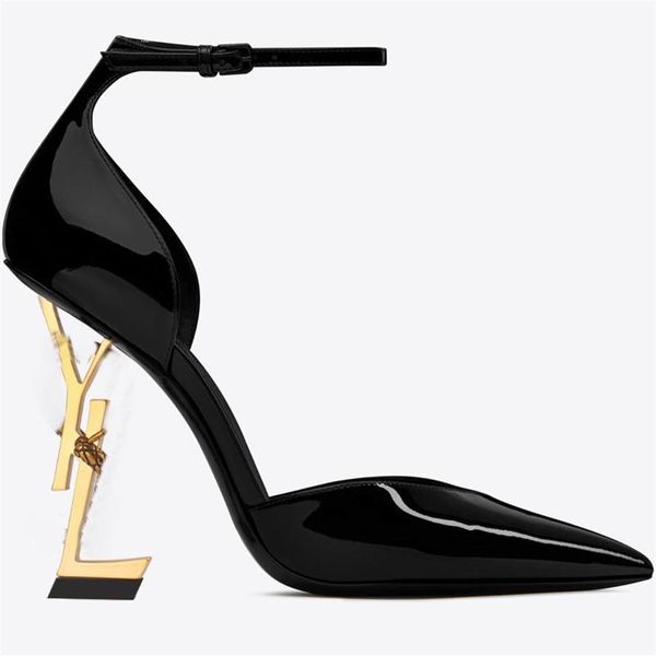 

2021 new genuine patent leather pumps hollow high heel black shoes women's pointed 10cm 8cm letter heel ankle strap party sho231s