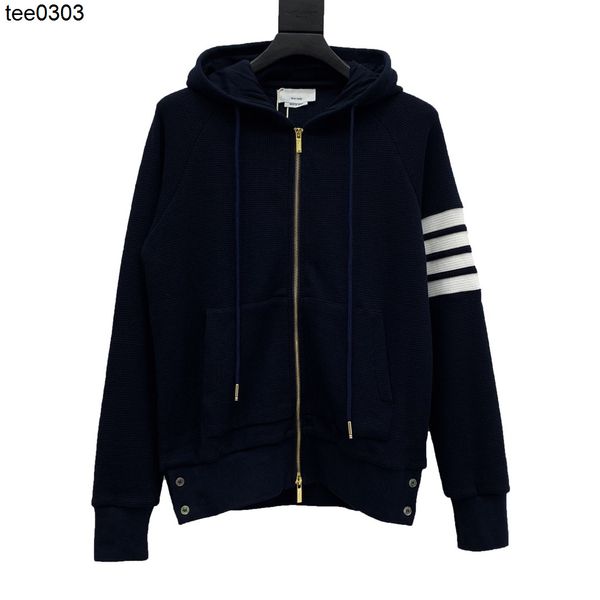 

men's jackets trendy spring and autumn tb sweater waffle four bar stripe hooded casual sports zipper cardigan hoodie coat, Black;brown