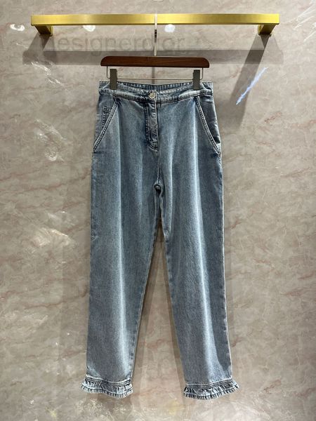 

women's jeans designer ruffles lace trouser leg jeans ladies little fragrance embroidery ear edge loose straight harun radish pants tre, Blue