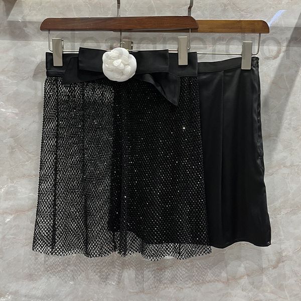 

casual dresses designer camellia three-dimensional decoration drill mesh short skirt summer 2022 new nanyou small fragrance lining two-piece, Black;gray