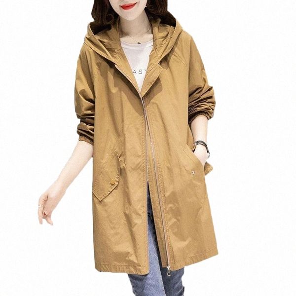

women's trench coats spring autumn large size 4xl hooded windbreaker mid-length coat 2021 thin female casual outerwear k4dm#, Tan;black