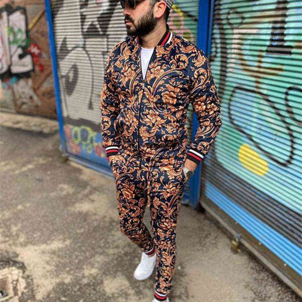 

men's tracksuits 2021 fashion brand men's blazer autumn thin zipper coat sweatpants 3d-printed 2 pieces sets flower jacket suits c, Gray