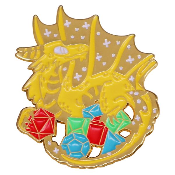 

dungeoons and dragons game yellow dragon with dice enamel pin badge gamer gift backpack decoration jewelry, Blue
