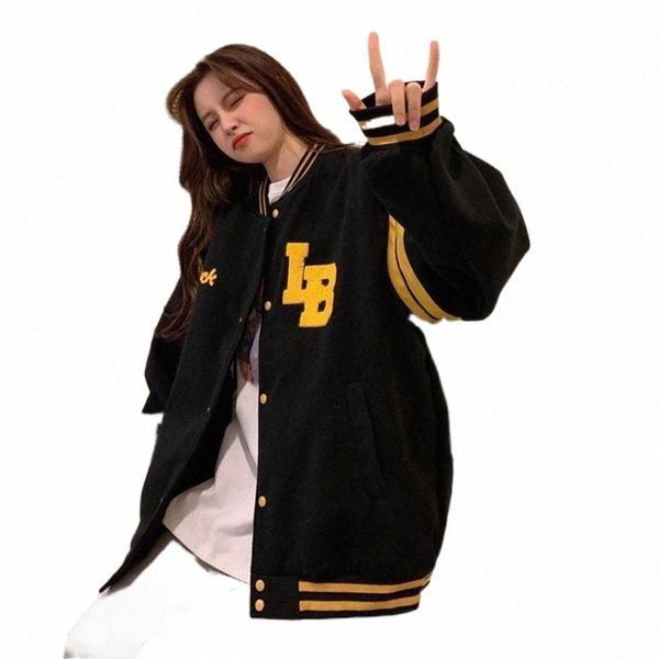 

women's trench coats fashion jackets hip hop high street baseball student 2021 retro suit loose letter embroidery coat f2hp#, Tan;black