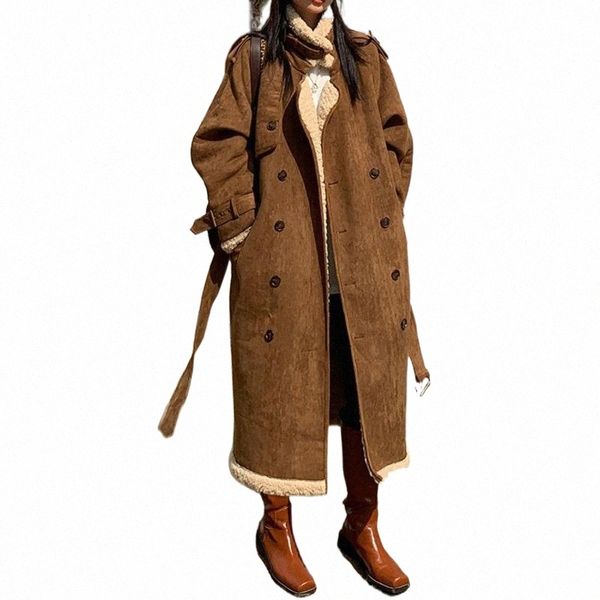 

women's trench coats retro cotton jacket autumn and winter korean loose mid-length over-the-knee cashmere padded coat parka y9ad#, Tan;black