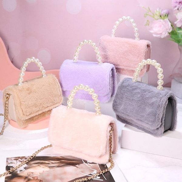 

kids accessories for girl autumn winter purse fashion fur pearl handbag simple solid color personality messenger bag, White
