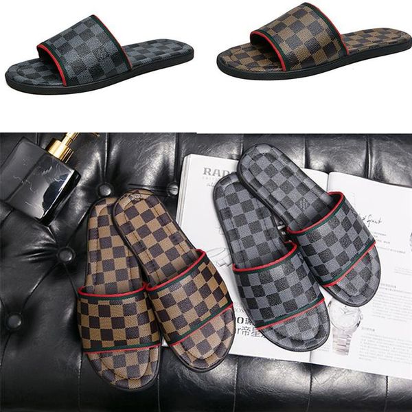 

genuine leather mens slippers luxury checkered pattern brand designer slides black brown beach flip flop outdoor home flat sandals larg264r