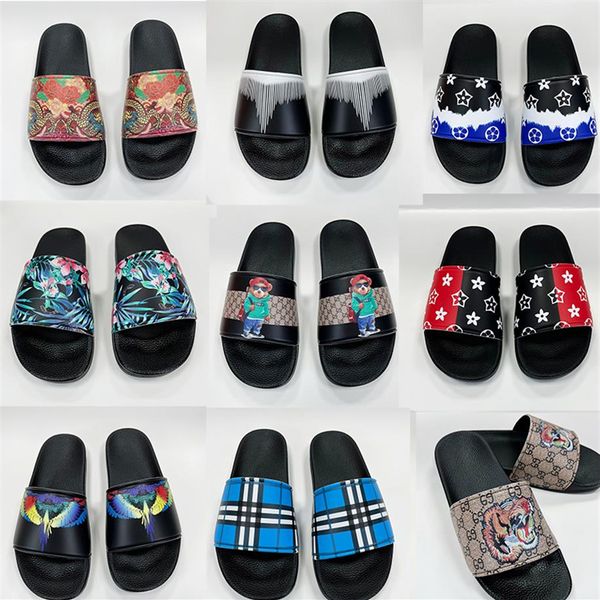 

luxury brand slides slippers designer shoes flower print slide summer wide flat leather rubber flats sandals outdoor men women sneaker 259s, Black