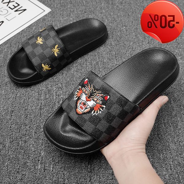 

designer bag new style men's home slippers bathroom antiskid flip flop embroidered sho mandarin duck grade factory direct sale, Black