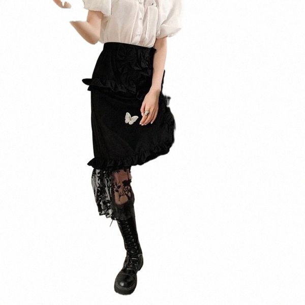 

black irregular skirt women mid-length high-waisted a-line elastic gauze skirts korean fashion 2021 spring summer p1uu#