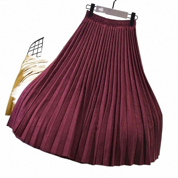 

skirts qiuxuan faux suede high waist women midi autumn winter pleated skirt elastic casual 65cm / 75cm 85cm z5te#, Black