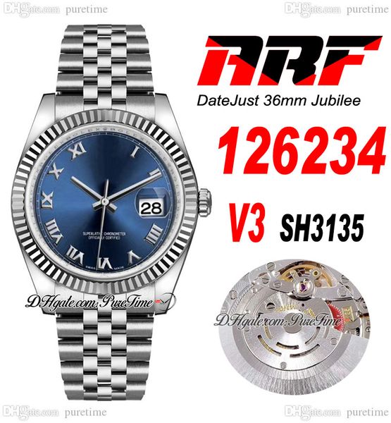 

arf v3 36 126234 sh3135 automatic watch mens womens ladies fluted bezel blue roman dial 904l jubileesteel bracelet super edition same series, Slivery;brown